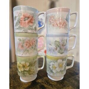 Vintage Hand Painted Porcelain Mugs with Pastel Flowers (set of 6)